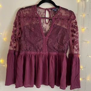 American Eagle Outfitters- Maroon Laced & Bell Sleeved Blouse